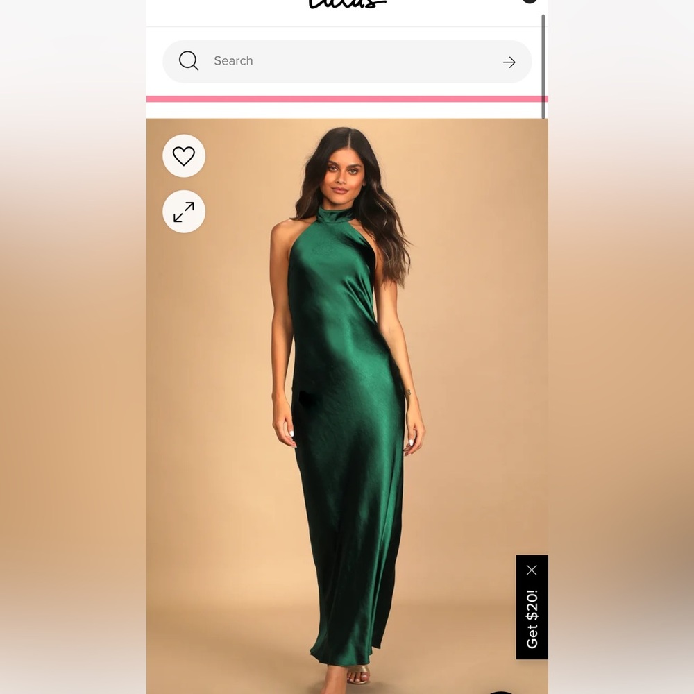 Lulu’s Dark Green Satin Halter Dress- Size Medium